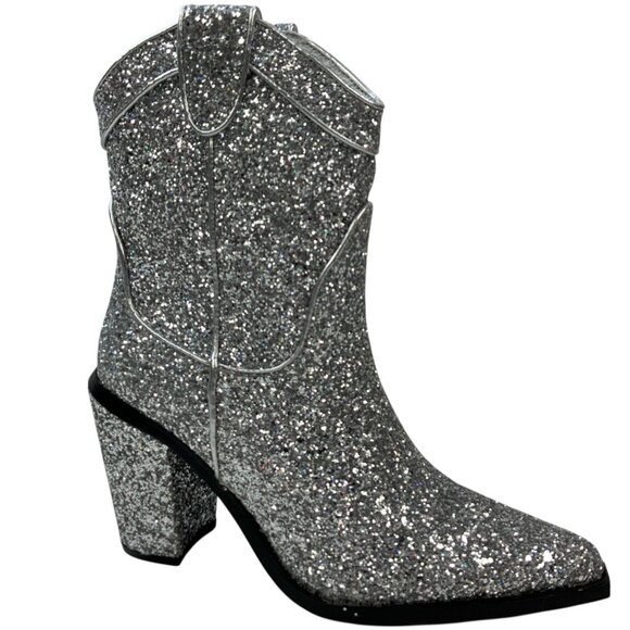 Dolls Kill Trickz N' Treatz Glitter Diva Deputy Cowboy Boots 9 Silver Cowgirl - Picture 15 of 15